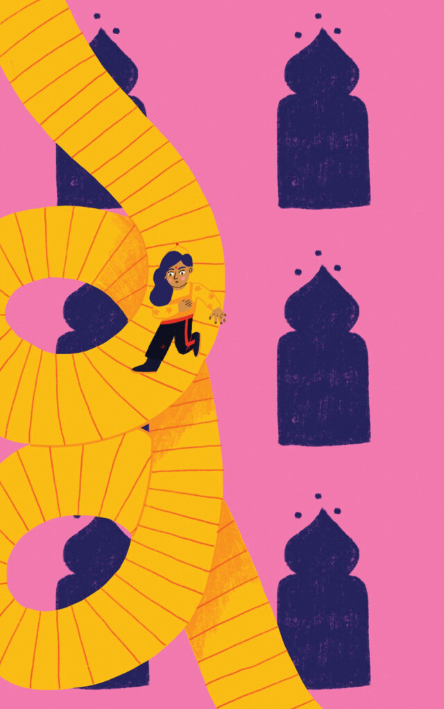 Children's illustration of a girl running down a yellow spiral staircase