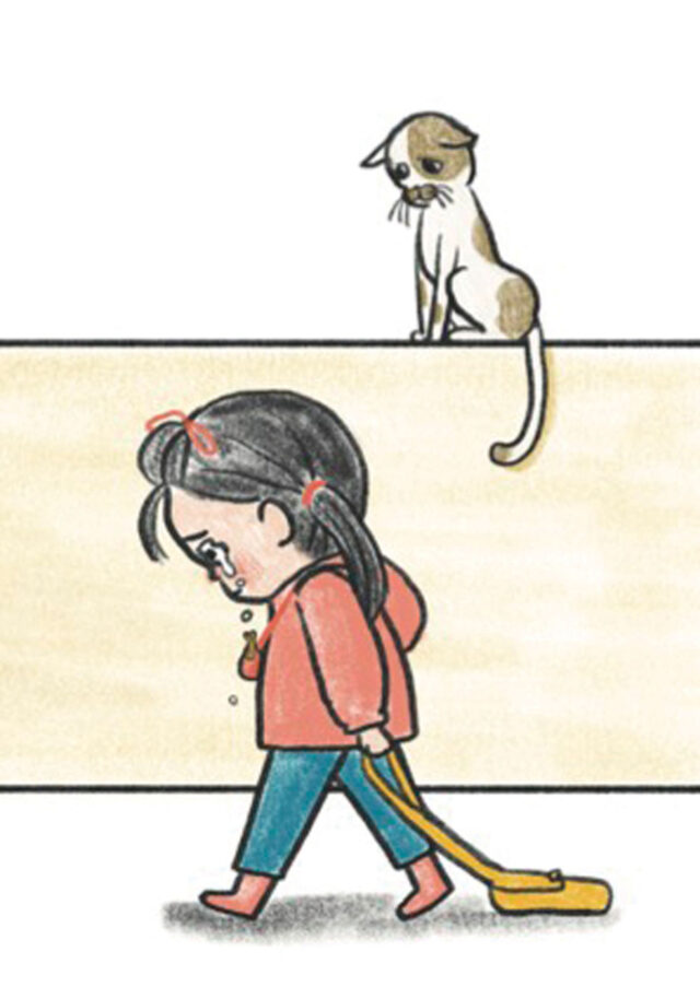 Children's illustration of a girl and her cat