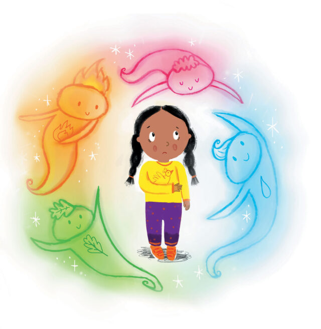 Children's illustration of a young girl with a yellow top and purple trousers