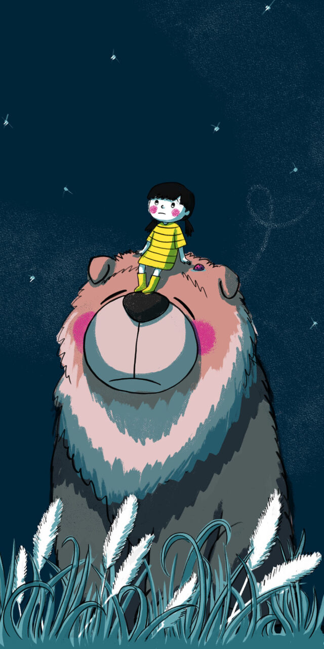 Children's illustration of a girl sat on top of a big dog